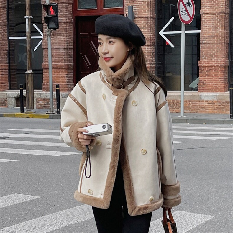 韩系chic羊羔毛外套女冬韩版宽松今年流行加绒加厚皮毛一体机车服图片