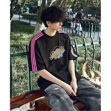 抖音得物品质二开240克宽松纯棉美式潮牌印花三条杠中性风短袖T恤，男装T恤，电商A486