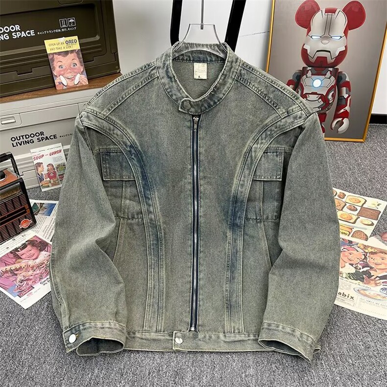 重工解构拼接设计垫肩牛仔长袖外套男廓形拉链立领cleanfit夹克,男装工装外套,星座601-1