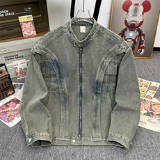 重工解构拼接设计垫肩牛仔长袖外套男廓形拉链立领cleanfit夹克，男装工装外套，星座601-1