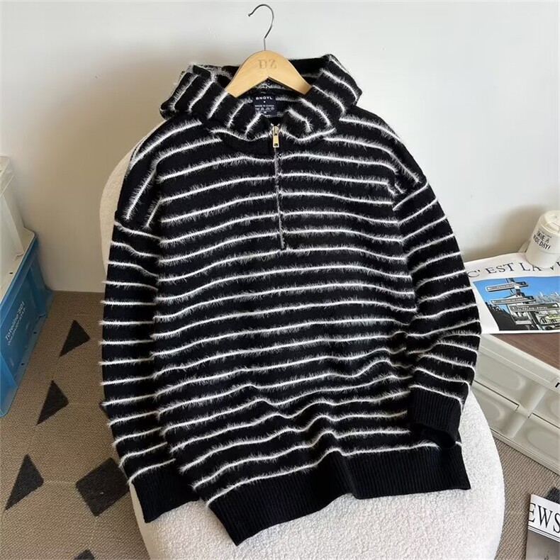 美式复古条纹连帽开衫毛衣男潮百搭针织衫外套BU28P85，男装针织衫/毛衣，星座1116-2