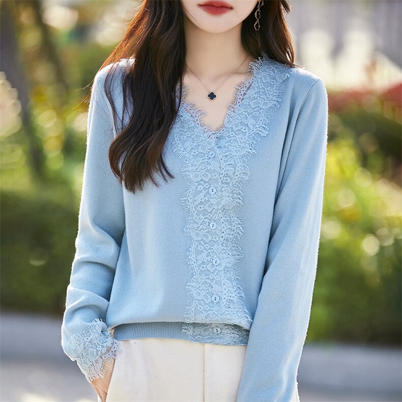 气质蕾丝拼接针织开衫女短外套毛衣高级洋气内搭保暖毛衫轻奢上衣,女装羊毛衫,暖烁羊绒
