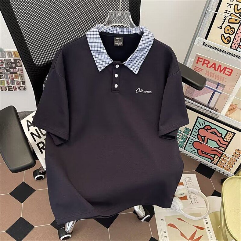 2025新款撞色格子领polo衫翻领短袖t恤宽松半袖班服现货T1862-P38,男装Polo衫,星座512-3