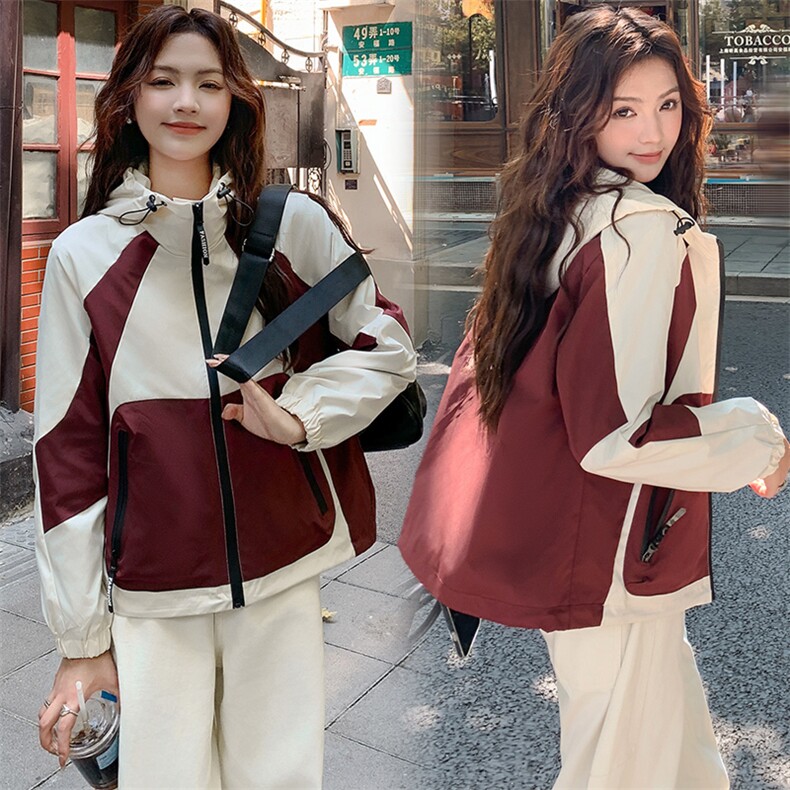 设计感拼接撞色冲锋衣外套女春秋新款高级感休闲连帽夹克上衣图片