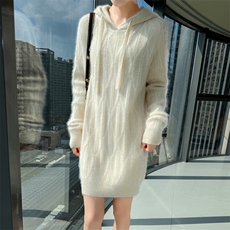 2025秋冬百搭时尚简约针织衫连帽抽绳长款，女装针织衫/毛衣，冬贝尔貂绒