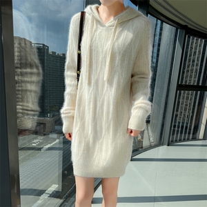 2025秋冬百搭时尚简约针织衫连帽抽绳长款,女装针织衫/毛衣,冬贝尔貂绒