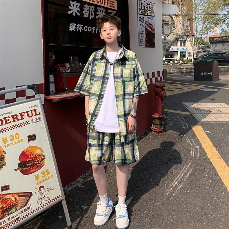 2025美式扎染印花冰丝凉感格子短袖衬衫薄套装TZ5600/特P45绿3,男装T恤,电商A094