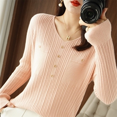 反季清仓春季新款V领羊毛衫女长袖套头针织衫打底衫女宽松毛衣，女装针织衫/毛衣，暖姿羊绒