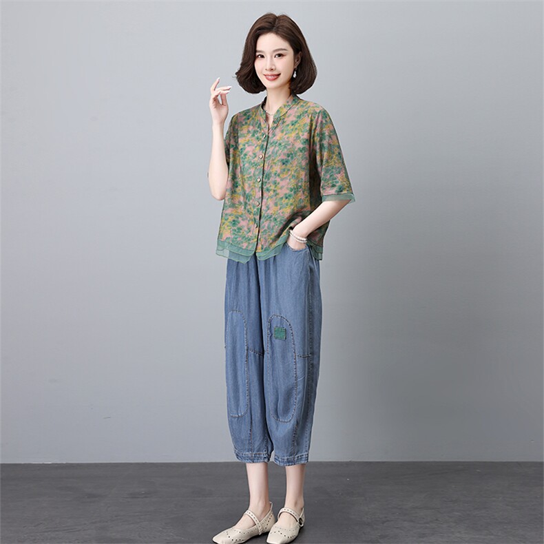 优雅复古印花短袖上衣+宽松牛仔裤套装女夏装新款时尚两件套,女装套装/套裙,叶笙衣