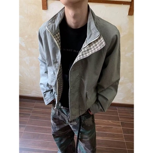 格纹双面穿立领英伦风男春秋夹克外套拼接风休闲百搭前卫个性