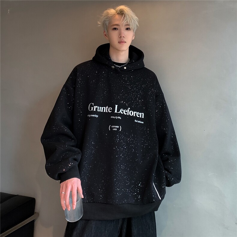 秋季美式复古满天星连帽卫衣男女宽松上衣金属印花W84-P68,男装卫衣,电商C307A