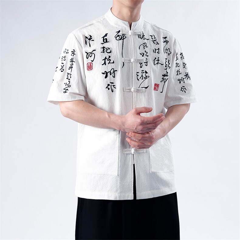 新款风中式书法汉服刺绣开始盘扣衬衫短袖T2881-P65,男装T恤,电商A021