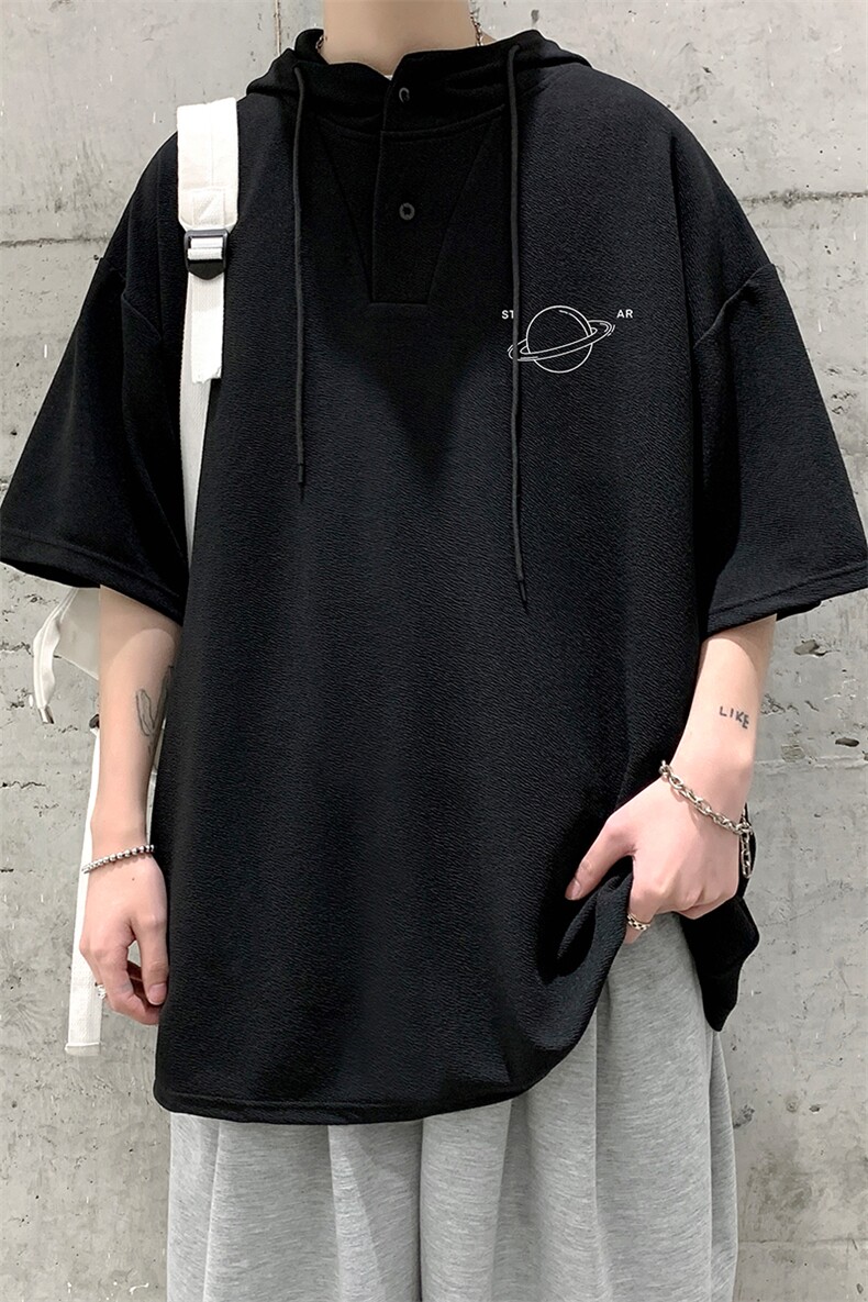 LD54238-P45连帽短袖t恤男大码胖子带帽五分袖中袖,男装T恤,电商A040