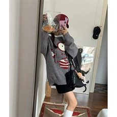 苹果提花圣诞氛围感连帽针织衫灰色毛衣女秋冬慵懒风宽松M3708，男装针织衫/毛衣，星座1116A（原606A-3）