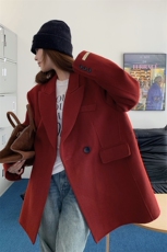 红色毛呢西装外套女高级感2024秋冬新款中长款毛呢西服小个子大衣，女装毛呢外套，2C085