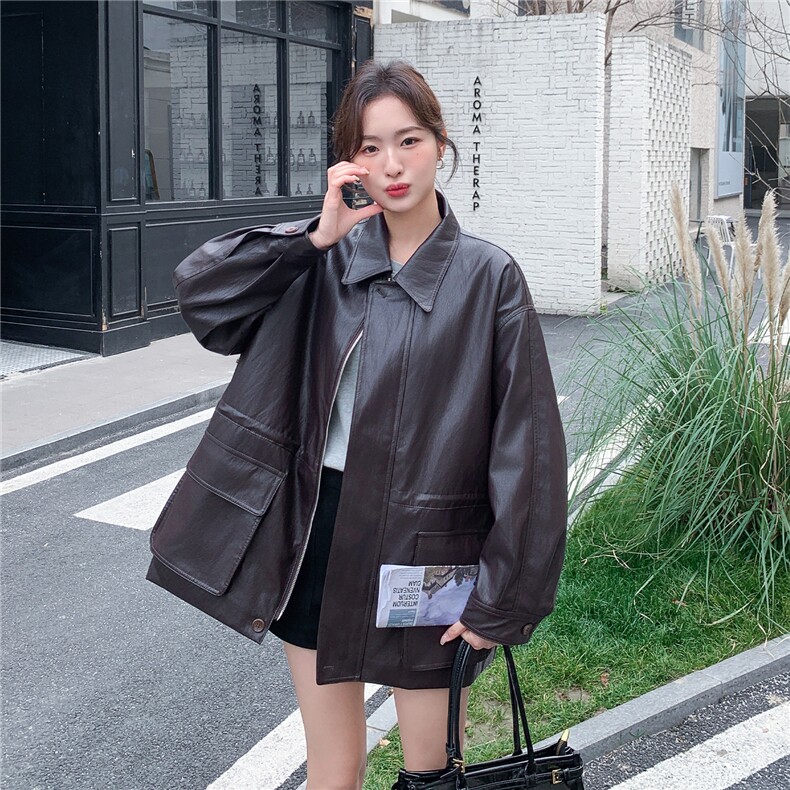 新款，咖色中长款皮衣外套W670P195K318,女装短外套,2C209