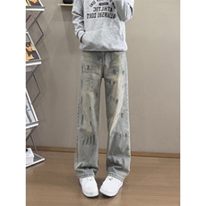 B221高品质美式ins高街暗黑宽松喷墨牛仔裤LK25472-特P45控78，男装牛仔裤，电商B221