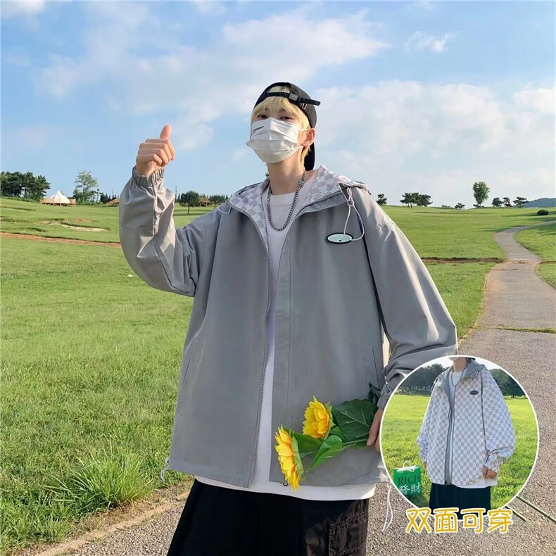 两面穿连帽外套男士潮牌港风嘻哈夹克休闲韩版潮流痞帅D46-2/P58,男装夹克,星座506