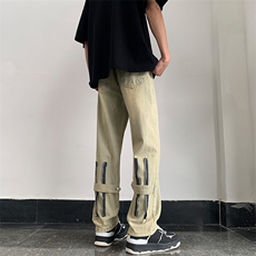裤子男牛仔裤男宽松阔腿美式街头高街vibe潮牌休闲长裤N08832-P48，男装牛仔裤，星座308B-1