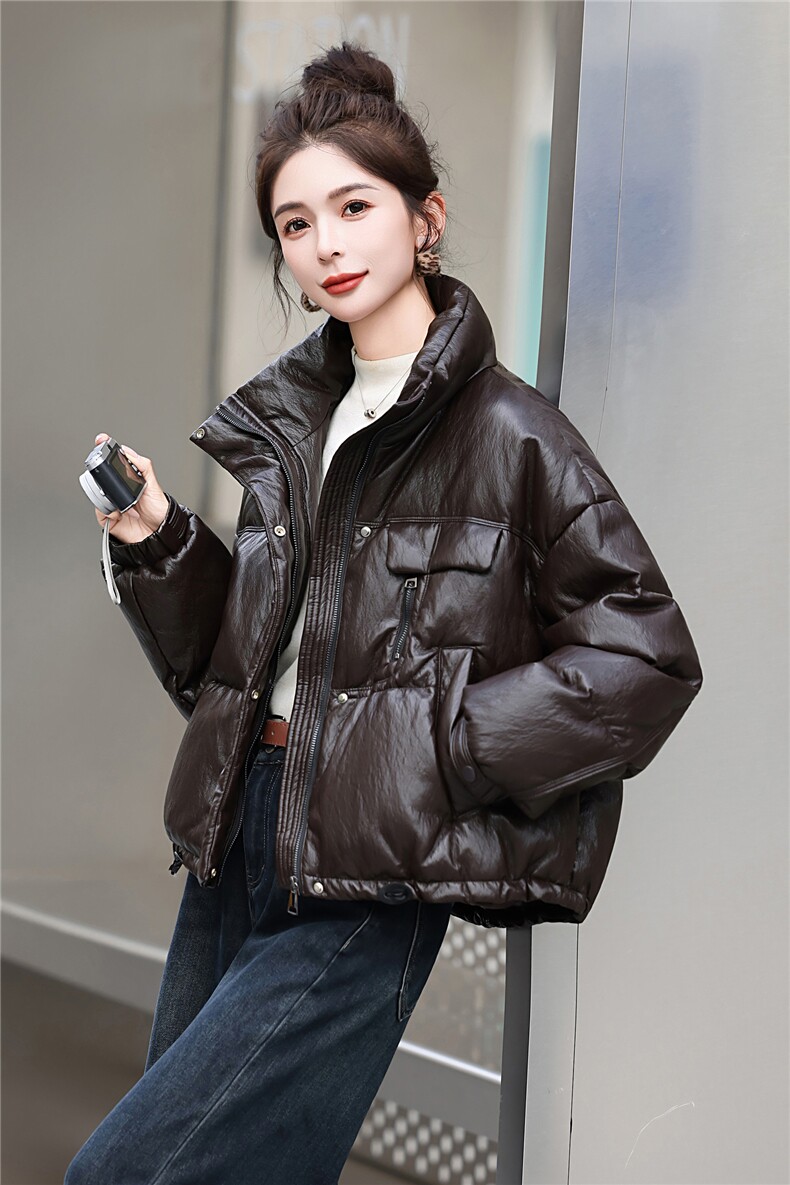 高端柔软蛋白皮时尚羽绒服女免洗立领皮衣时尚韩版时尚2026冬新款,女装羽绒服,意芙