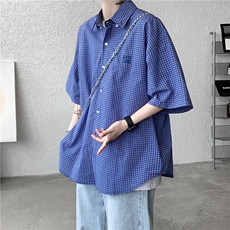 2026夏季美式复古宽松格子短袖衬衫男女休闲百搭衬衣外套C100-P38，男装衬衫，星座308B-1