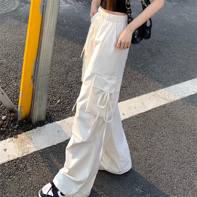 蓝色潮酷工装裤女2025春夏薄美式高腰显瘦速干运动束脚阔腿直筒裤,女装休闲裤,梦白服饰厂