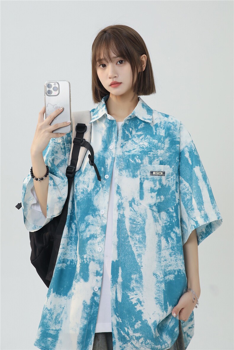 XZ-230-1CS503夏新款中性风简约轻奢水墨扎染休闲短袖衬衫P45控58,男装衬衫,星座230-1