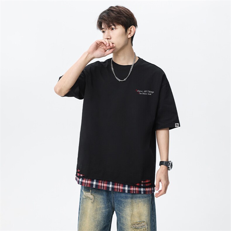 2025美式复古破洞设撞色拼接格宽松圆领短袖T恤TC31109RK02-P26,男装T恤,星座717