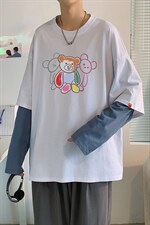 中性秋季潮流印花全棉百搭打底衫假两件长袖T恤T152P35控48，男装T恤，A247A
