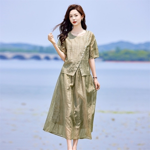 蓝色连衣裙套装女2025新款韩系夏日穿搭一整套短袖吊带裙子三件套图片