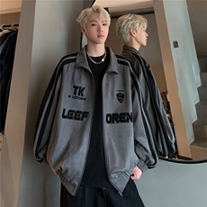 潮情侣美式条纹鹿皮绒立领夹克宽松休闲拉链外套男JK108-P78，男装夹克，电商C307A