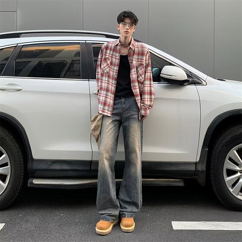 微喇牛仔裤男春秋季2025新款复古高腰直筒宽松拖地长裤子2120/P70,男装牛仔裤,星座506