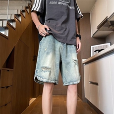 美式复古破洞牛仔短裤男士夏季包边新款宽松休闲五分裤子高街潮牌，男装牛仔裤，星座1013