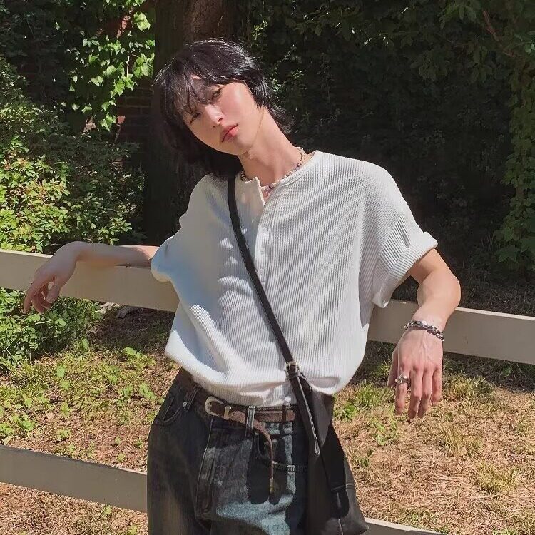 美式短袖t恤男2025新款宽松休闲肌理感潮牌高街百搭V领打底衫,男装T恤,星座506A