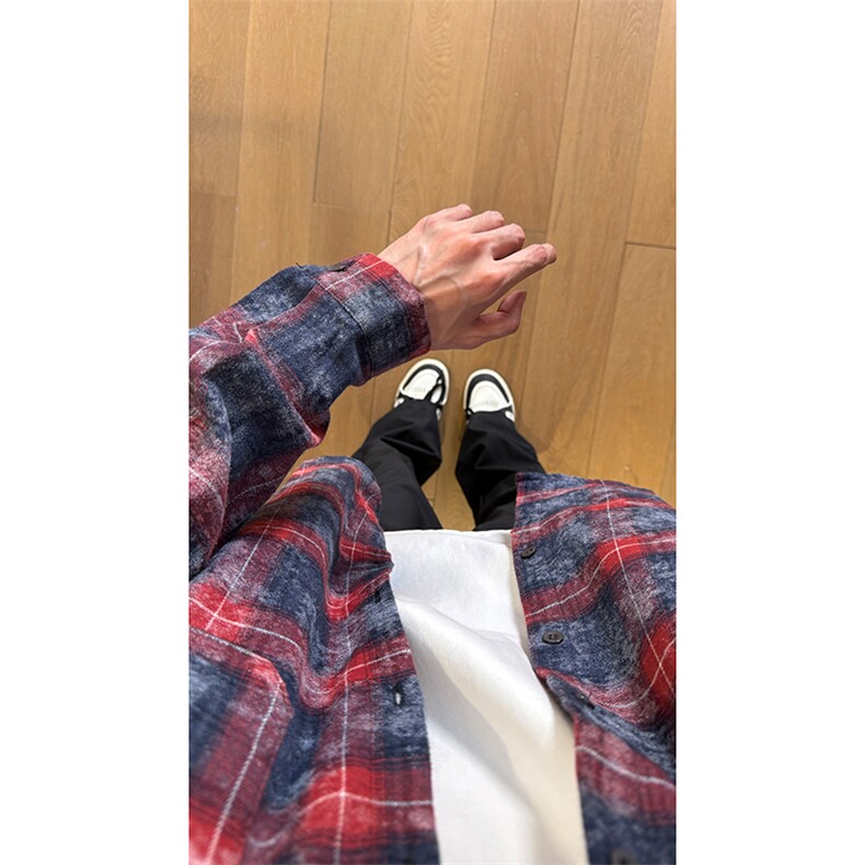 现货复古晕染格子长袖衬衫女高级感慵懒风外套男C19-P50控78,男装衬衫,星座205-5