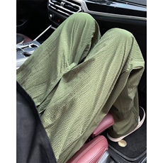 军绿色泡泡纱裤子男夏季薄款格纹冰丝速干运动裤垂感直筒微喇裤，男装休闲裤，星座1116-2