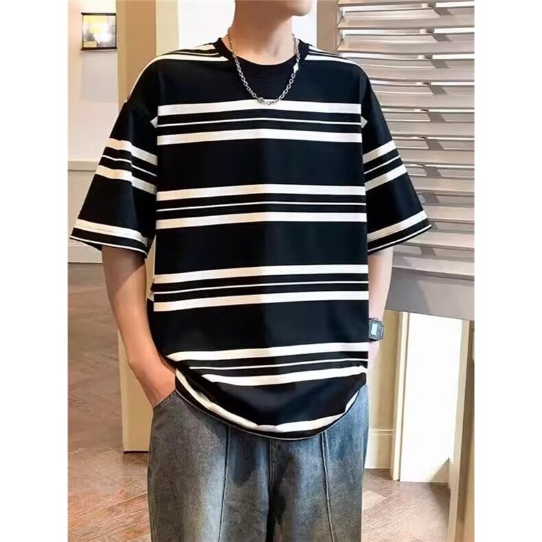 日系新款黑白条纹短袖男t恤夏季新款韩版宽松休闲百搭GA87P38,男装T恤,星座1013-5