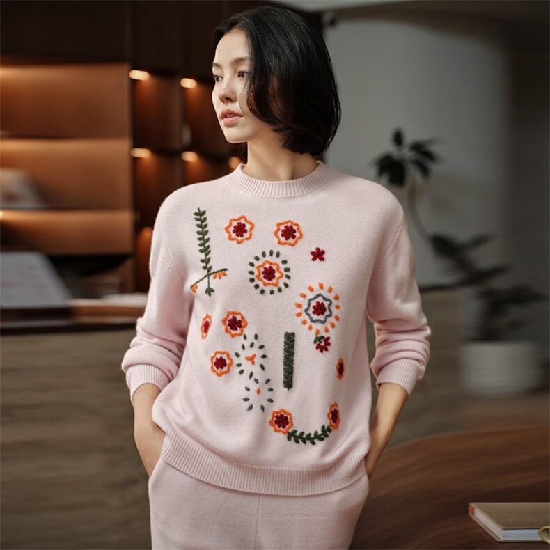 油画风绣花~100纯山羊绒衫宽松加厚女毛衣2025秋冬新圆领针织上衣,女装羊绒衫,绒知纯羊绒