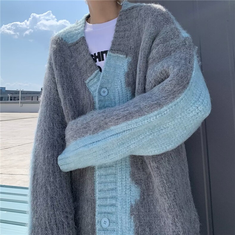 秋冬复古潮牌高街慵懒风宽松休闲拼色开衫毛衣男女v领外套上衣潮，男装针织衫/毛衣，星座813-2