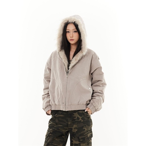 现货高品质美式高街冬季重磅硬挺短款座山雕毛领棉衣男女加厚外套图片
