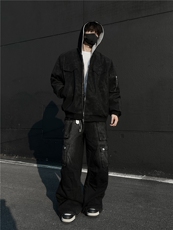 假两件荔枝纹皮夹克双色连帽棉服外套男款复古皮棉衣2309P118，男装夹克，星座506-1