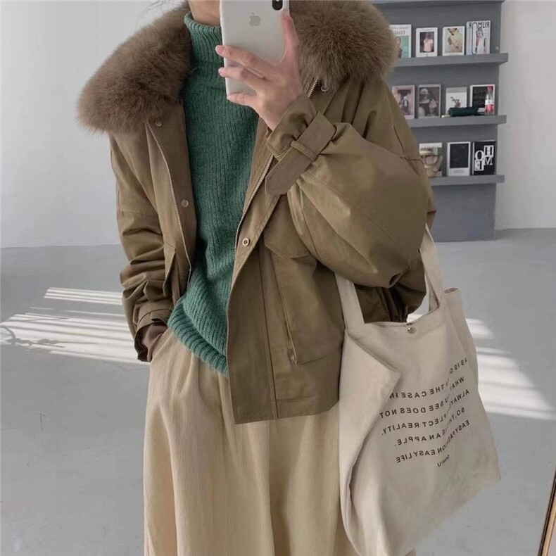 DG835韩范真狐狸毛领内搭防獭兔毛保暖派克服,女装,L·H·X
