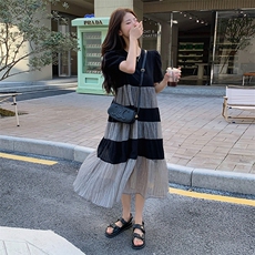 黑色拼接网纱连衣裙女2025夏季新款法式高级感宽松遮肉显瘦T恤裙，女装连衣裙，2C029