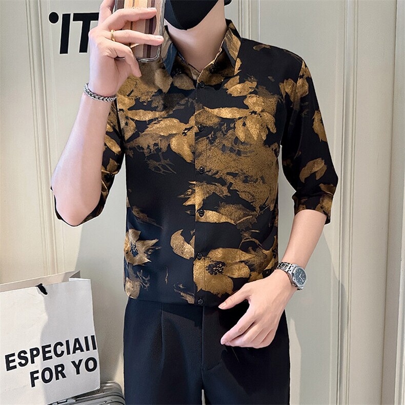 咖店主风社会小伙男士七分袖印花衬衫男衬衣301A-1/CS585/P55,男装衬衫,星座301A-1
