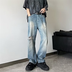 美式高街破洞牛仔裤宽松直筒复古浅色休闲长裤Z8821P42，男装牛仔裤，星座1116-2
