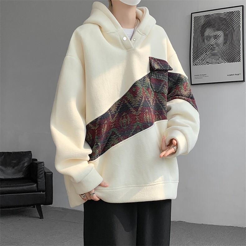WY10096-P55摇粒绒撞色拼接保暖连帽小众卫衣,男装棉衣,电商A059