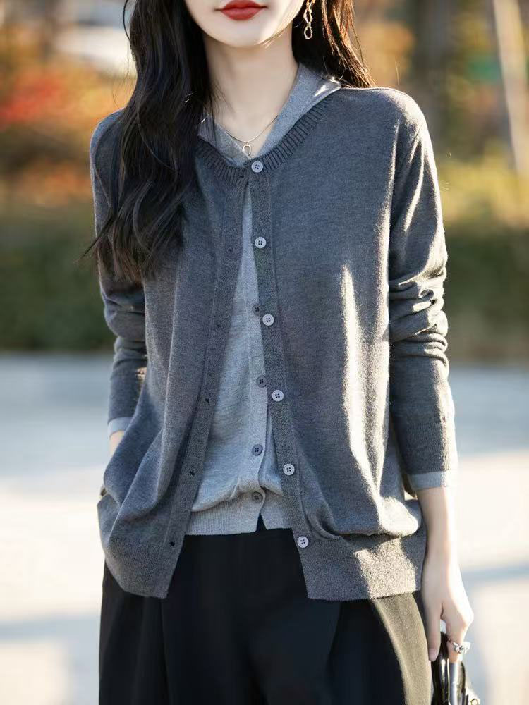 假两件拼接针织开衫女连帽毛衣2025新款长袖精纺毛设计感减龄上衣,针织衫/毛衣,萱芳婷羊绒