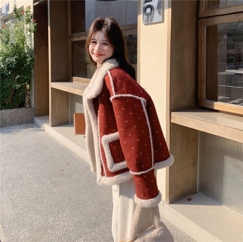 红色麂皮绒印花皮毛一体加厚棉服H8380P215K328,女装棉衣/棉服,红龙果
