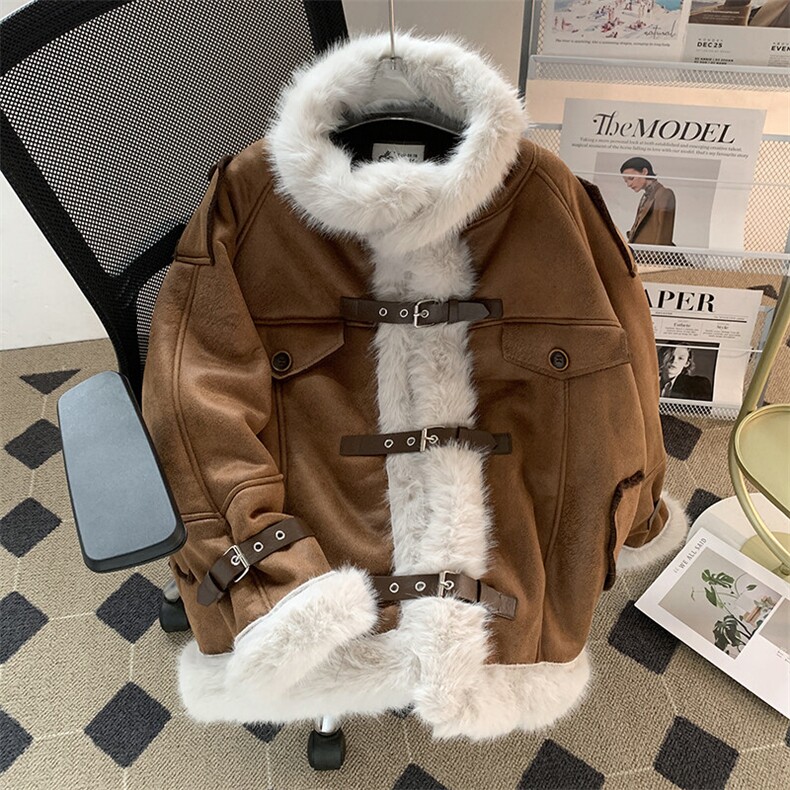 2025新款羊羔绒加绒加厚毛毛拼接立领棉服保暖潮情侣W8532-P130图片