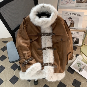 2025新款羊羔绒加绒加厚毛毛拼接立领棉服保暖潮情侣W8532-P130图片